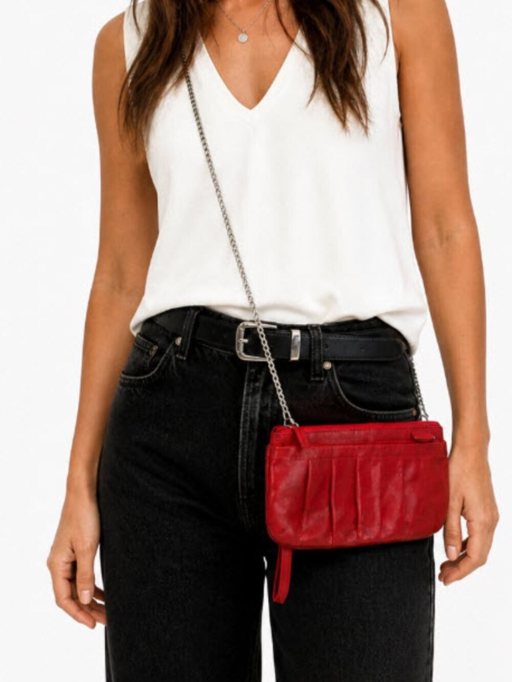 Danier Red Leather Crossbody Clutch Pleated Convertible Bag Wristlet